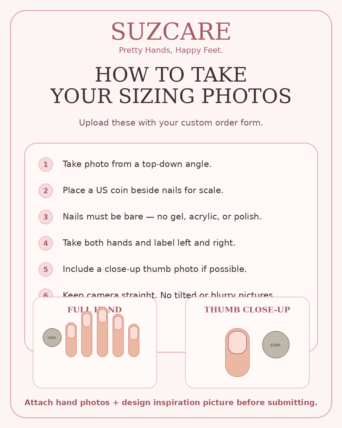 Suzcare photo upload guide for taking hand photos with a coin and design inspiration.