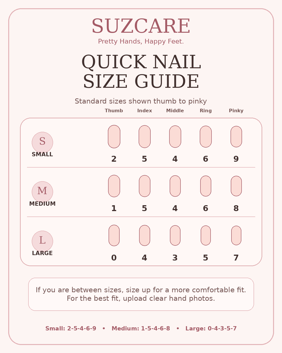 Suzcare quick nail size chart showing Small 2 5 4 6 9, Medium 1 5 4 6 8, and Large 0 4 3 5 7 from thumb to pinky.